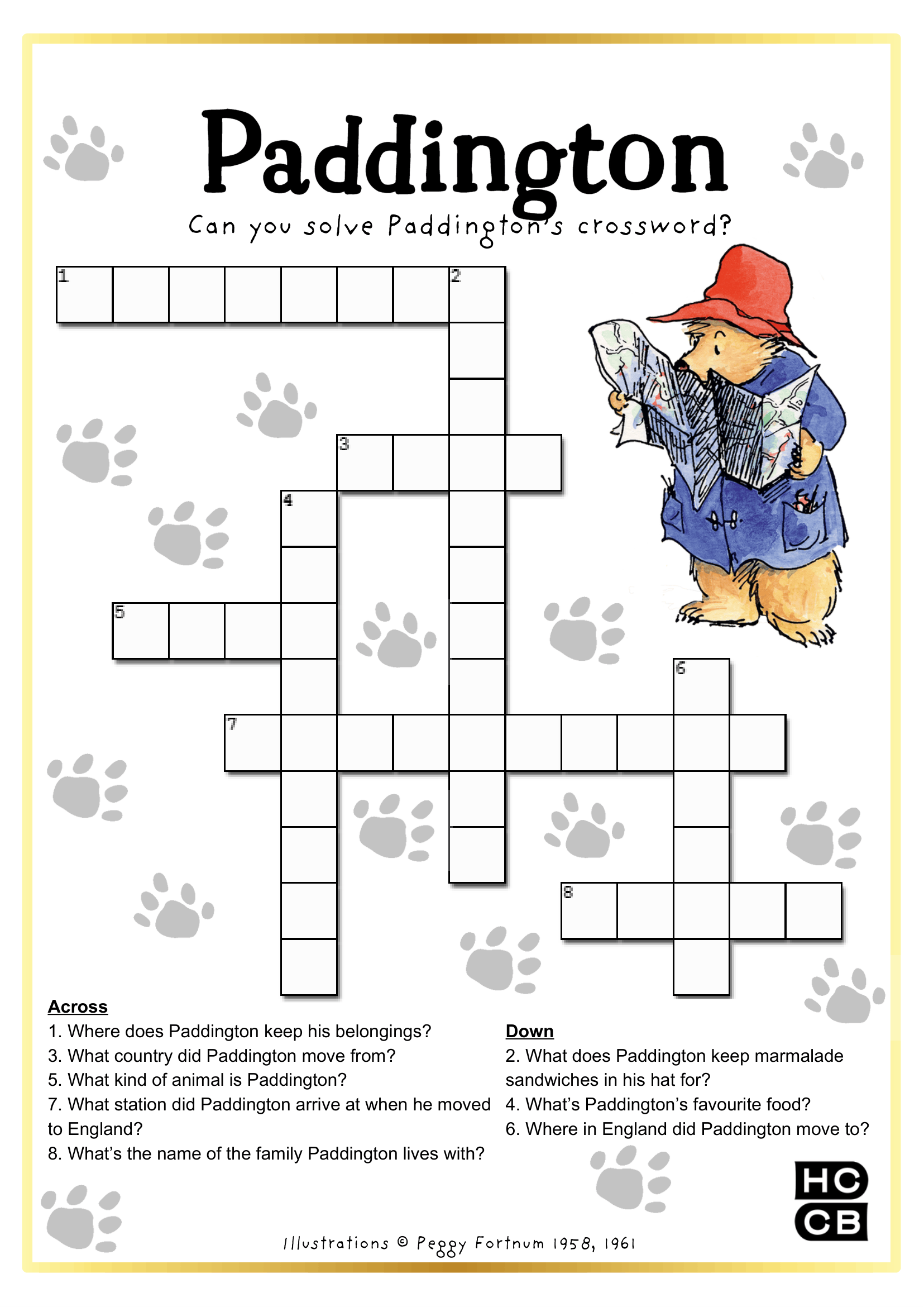 Free printable Paddington crossword activity sheet.